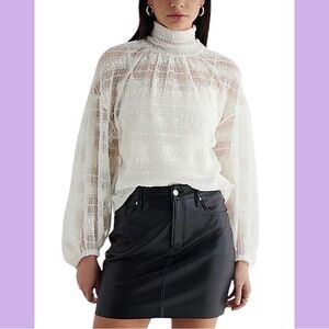 NWT Express White Skimming Mesh Pleated Mock Neck Balloon Sleeve Top